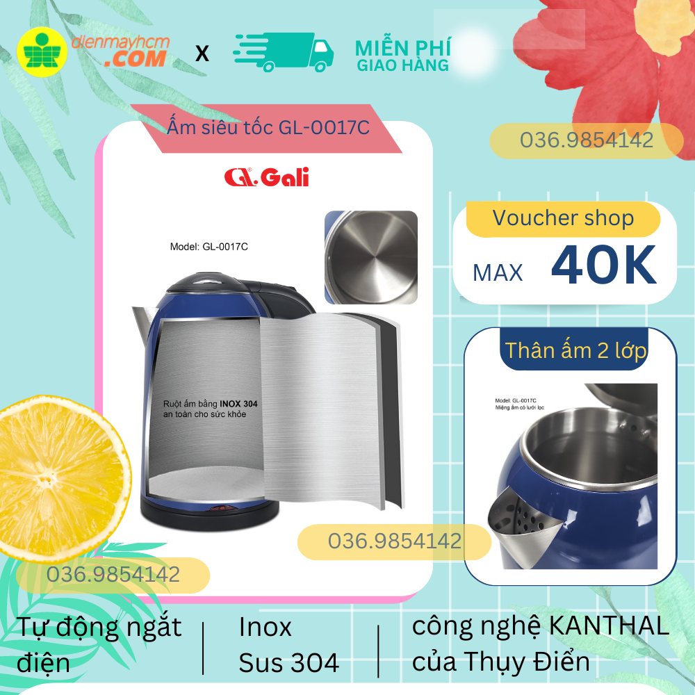 Ấm siêu tốc gali mã sp gl-0017c 1800w 1.7l giao màu ngẫu nhiên nhập khẩu bảo hành 12t chính hãng tiêu chuẩn an toàn thực phẩm qcvn 12-3:2011/byt