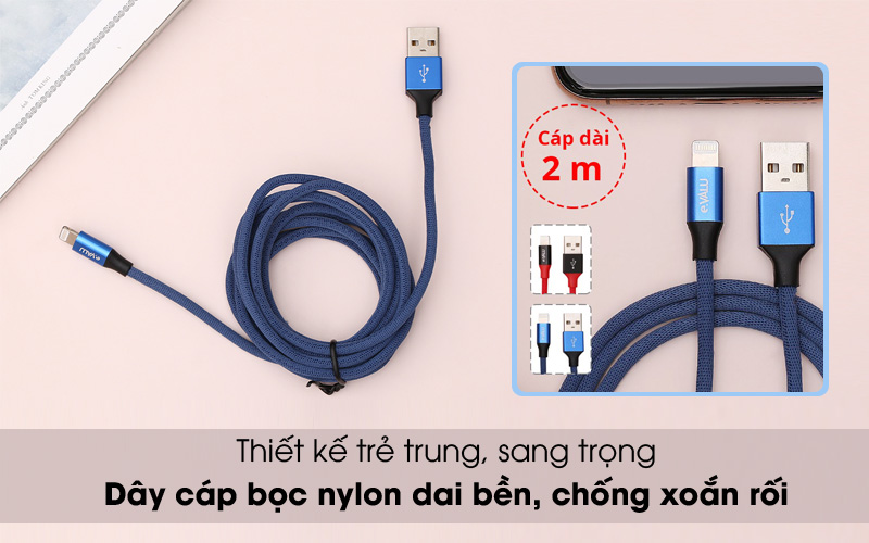 Cáp sạc iphone Lightning 1m eValu LTL-04 Xanh Navi