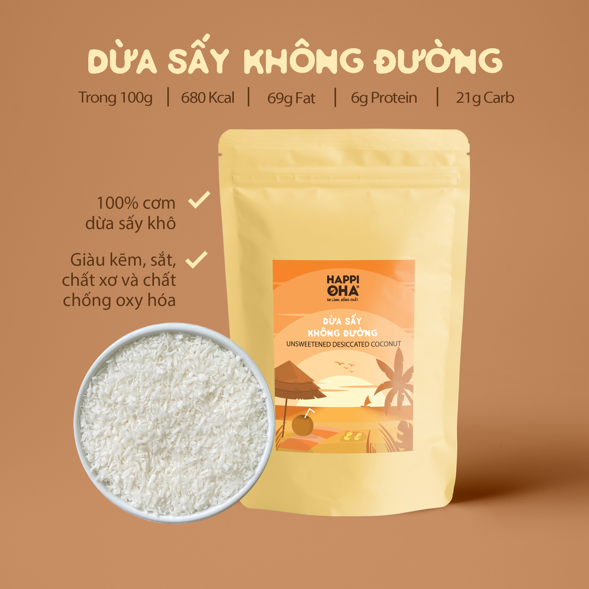 CƠM DỪA SẤY KHÔ TỰ NHIÊN KHÔNG ĐƯỜNG 200g - HAPPI OHA