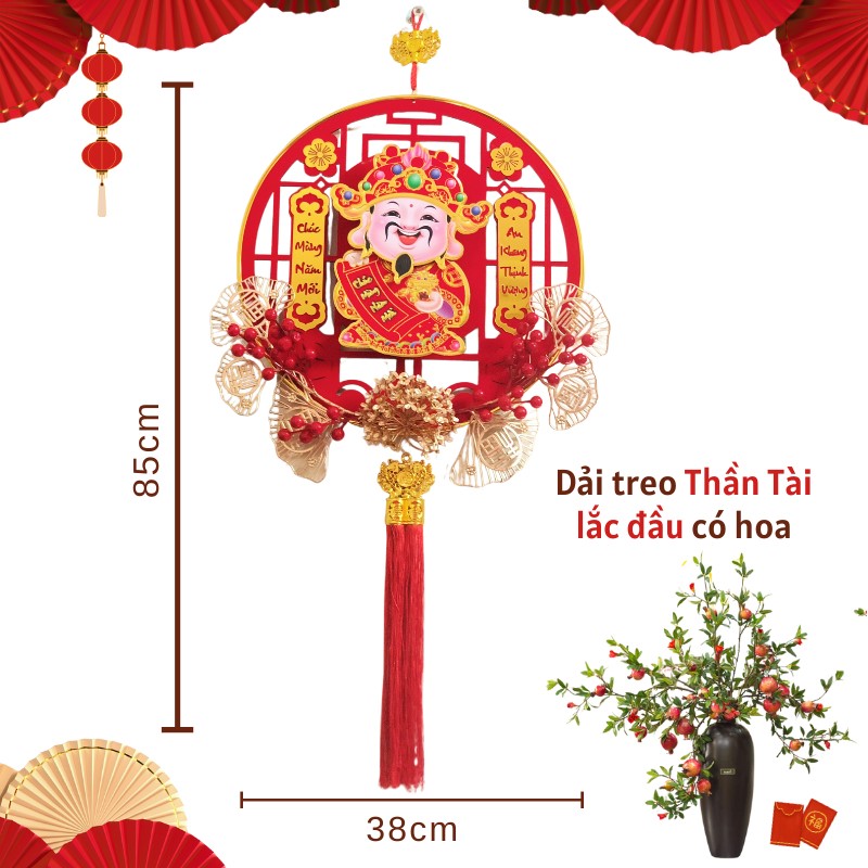 Liễng thần tài lắc lư treo trang trí tết 2024 có cánh hoa bằng gỗ và nhựa ở cửa ra vào kích thước 38cm