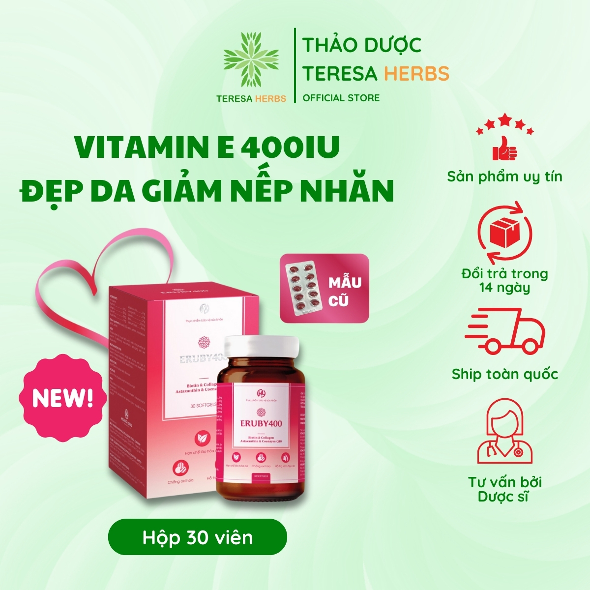 Viên uống bổ sung vitamin e 400 hỗ trợ đẹp da eruby hộp 30 viên