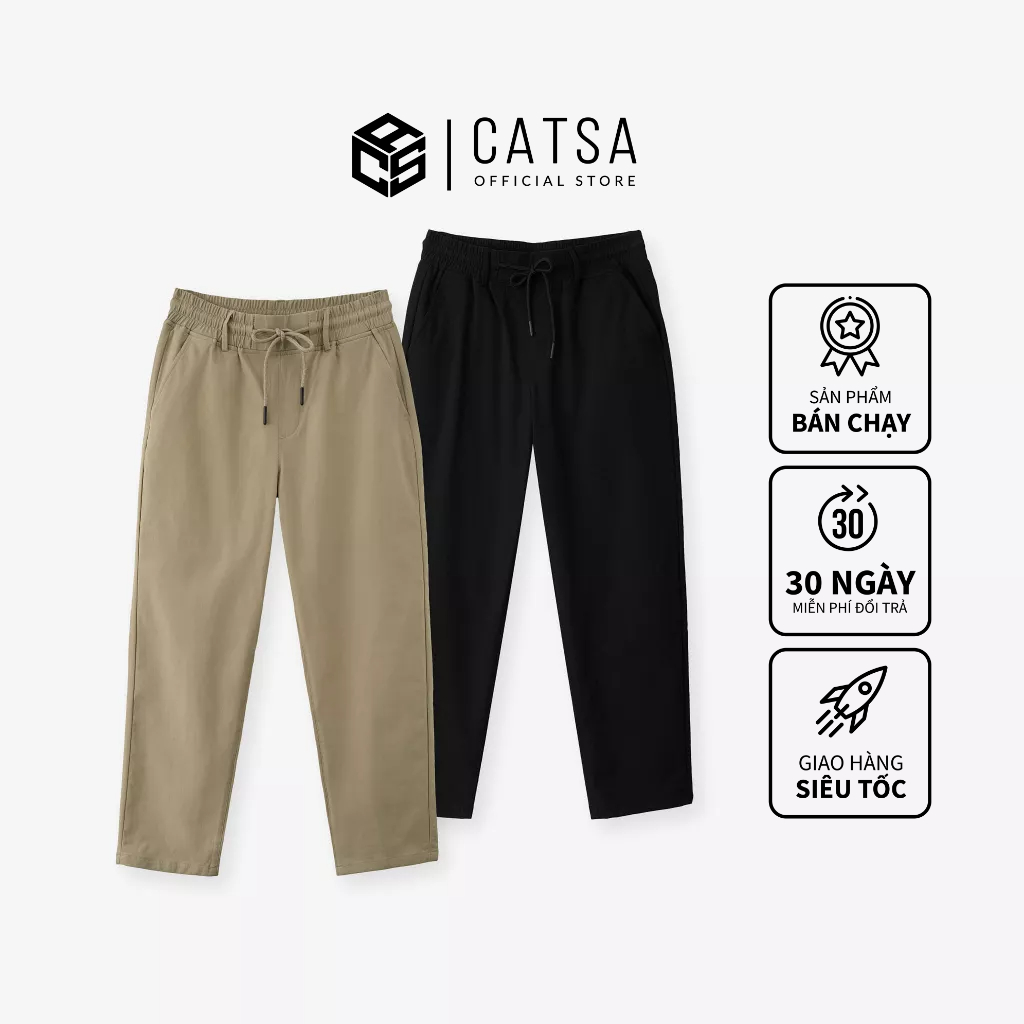Quần jogger nam CATSA ống suông lưng thun, vải dù nhẹ, thoáng mát 2 màu đen