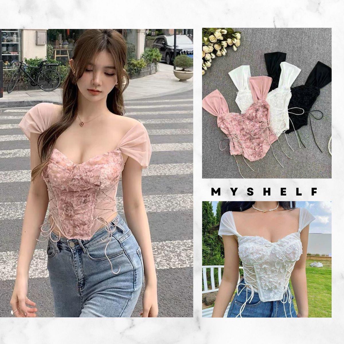 Áo corset ren hoa nhí Quảng Châu cao cấp, áo 2 dây kiểu nữ tiểu thư sẵn đệm ngực thiết kế ôm eo siêu xinh