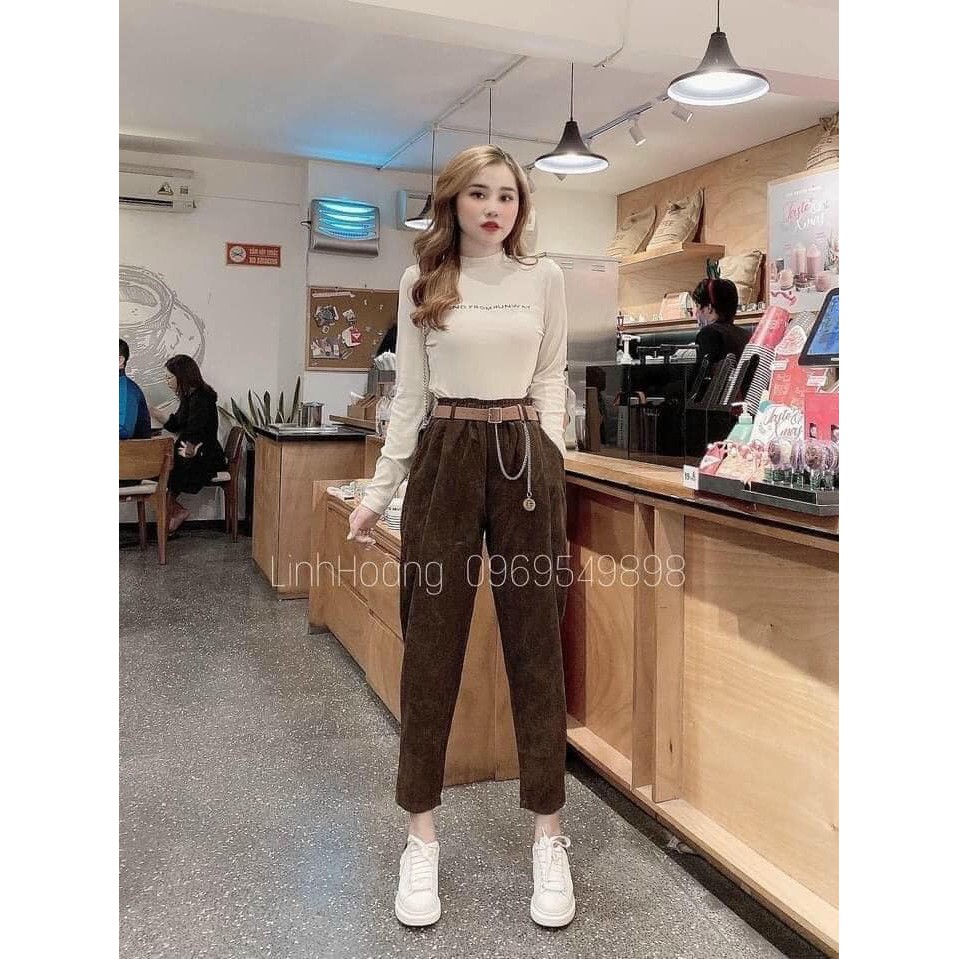 Quần baggy nhung tăm lưng thun kèm đai