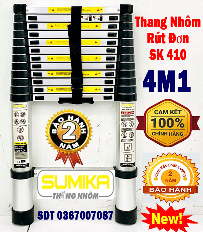 Thang nhôm rút xếp đơn cao cấp 4.1m sumika sk410 - chất liệu nhôm 14 bậc tải trọng 300kghàng chính hãng bảo hành toàn quốc 12 tháng