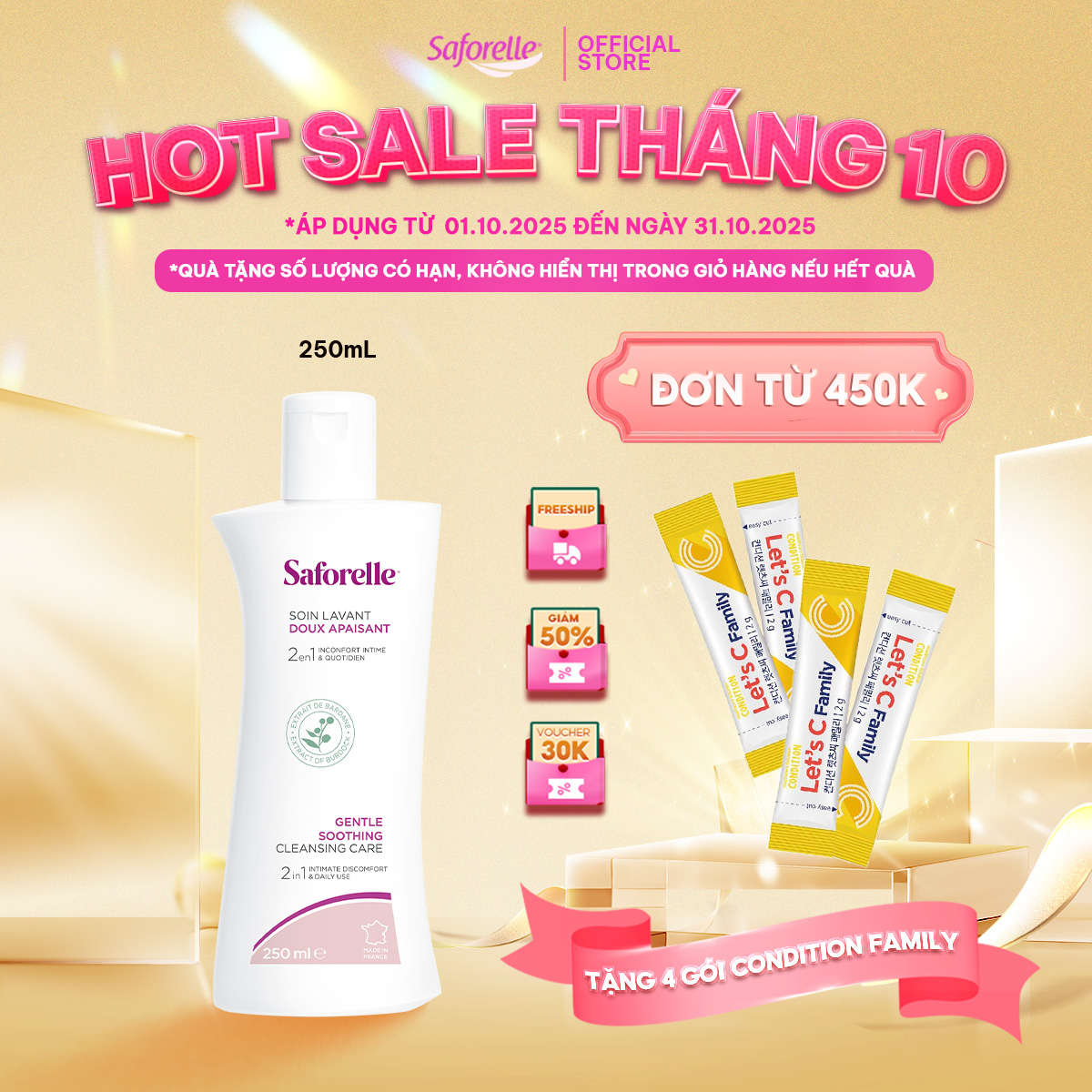 Dung dịch vệ sinh phụ nữ Saforelle Gentle Cleansing Care cao cấp thành phần tự nhiên làm sạch vùng kín 250ml