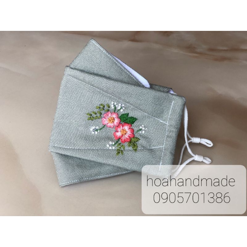 Khẩu trang 3d vải linen thêu tay