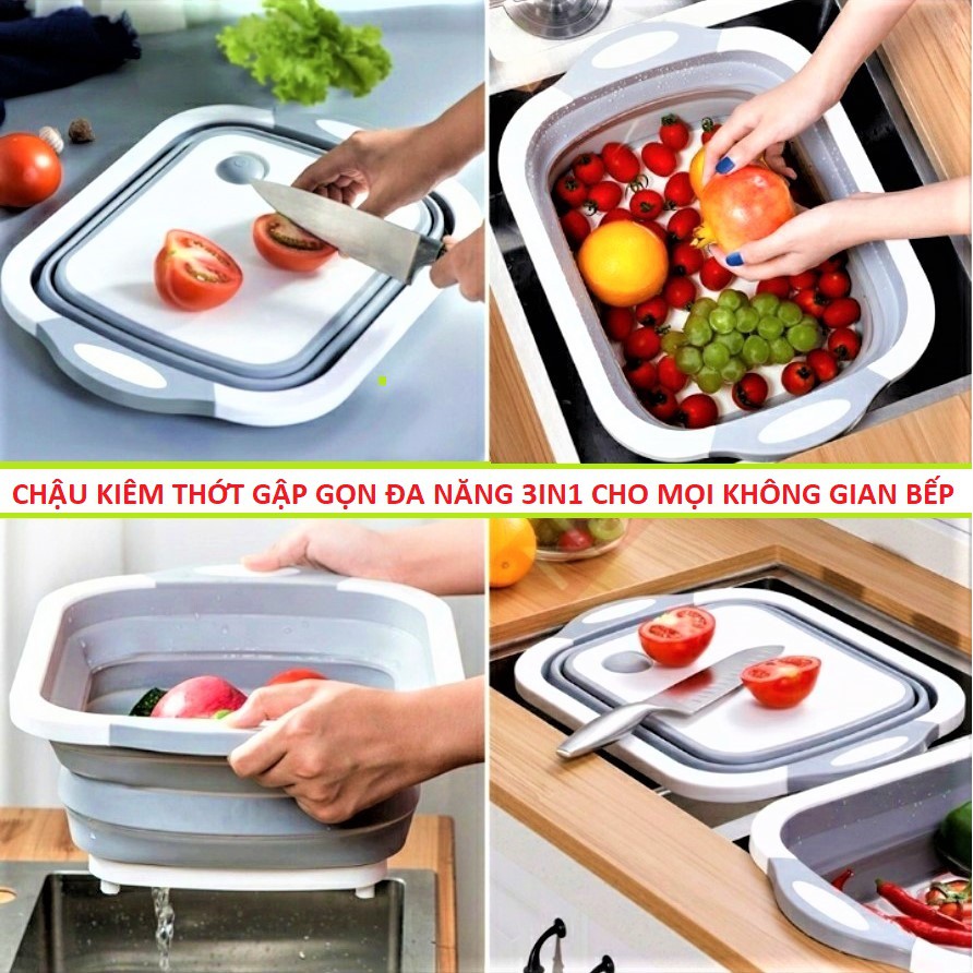 [HCM][COMBO ĐẶC BIỆT] Chậu Gấp Đa Năng-Kiêm Thớt-Rổ Đựng Gấp Gọn Vật Dụng Nhà Bếp 3 Trong 1 Cao Cấp- Tiện Ích Siêu Tiện Dụng tiết kiệm diện tích cho căn bếp của bạn dễ dàng thoát nước chống trượt bằng sillcon an toàn