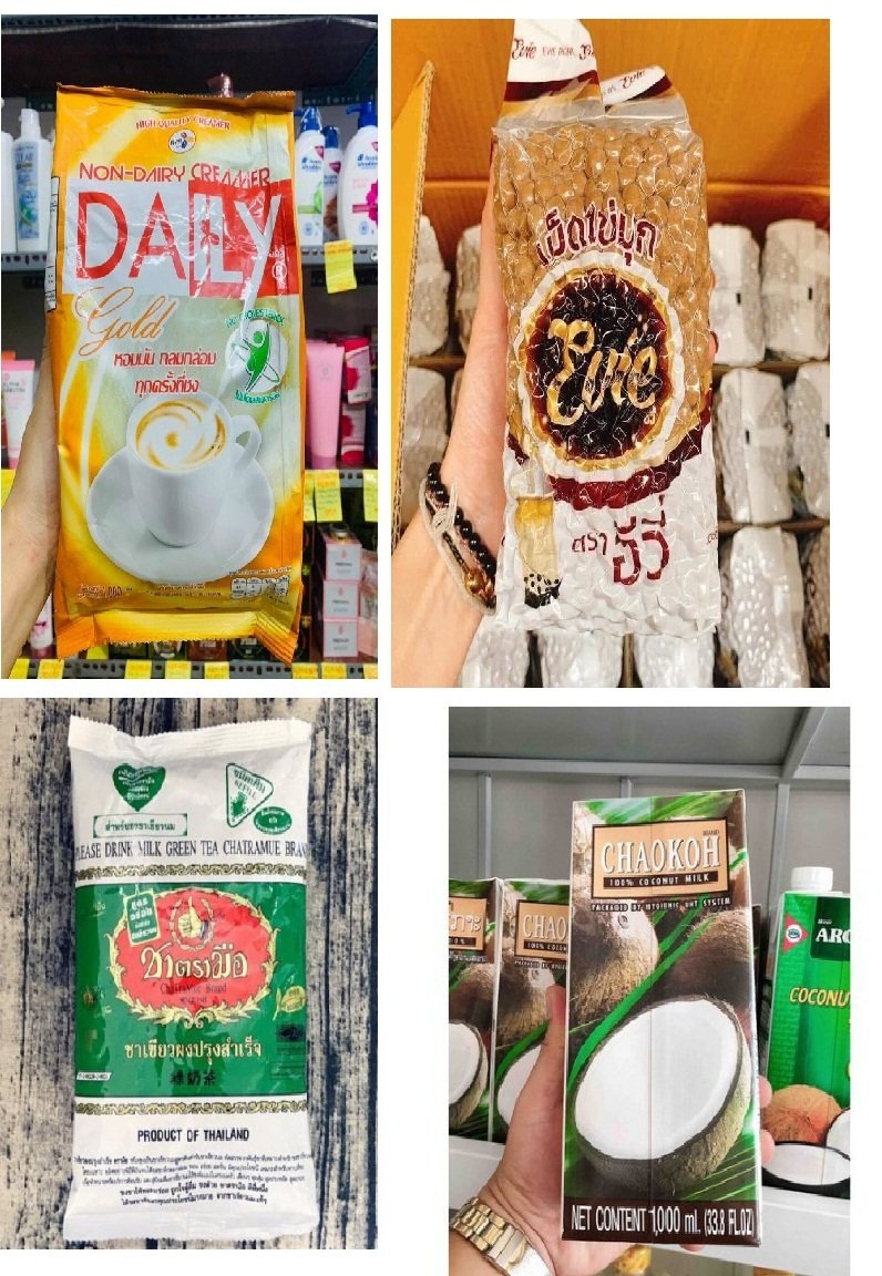 Combo thần thánh siêu hot 1kg trân châu Thái,1kg bột kem béo,túi 200gr trà thái xanh và 1l nước cốt dừa Thái