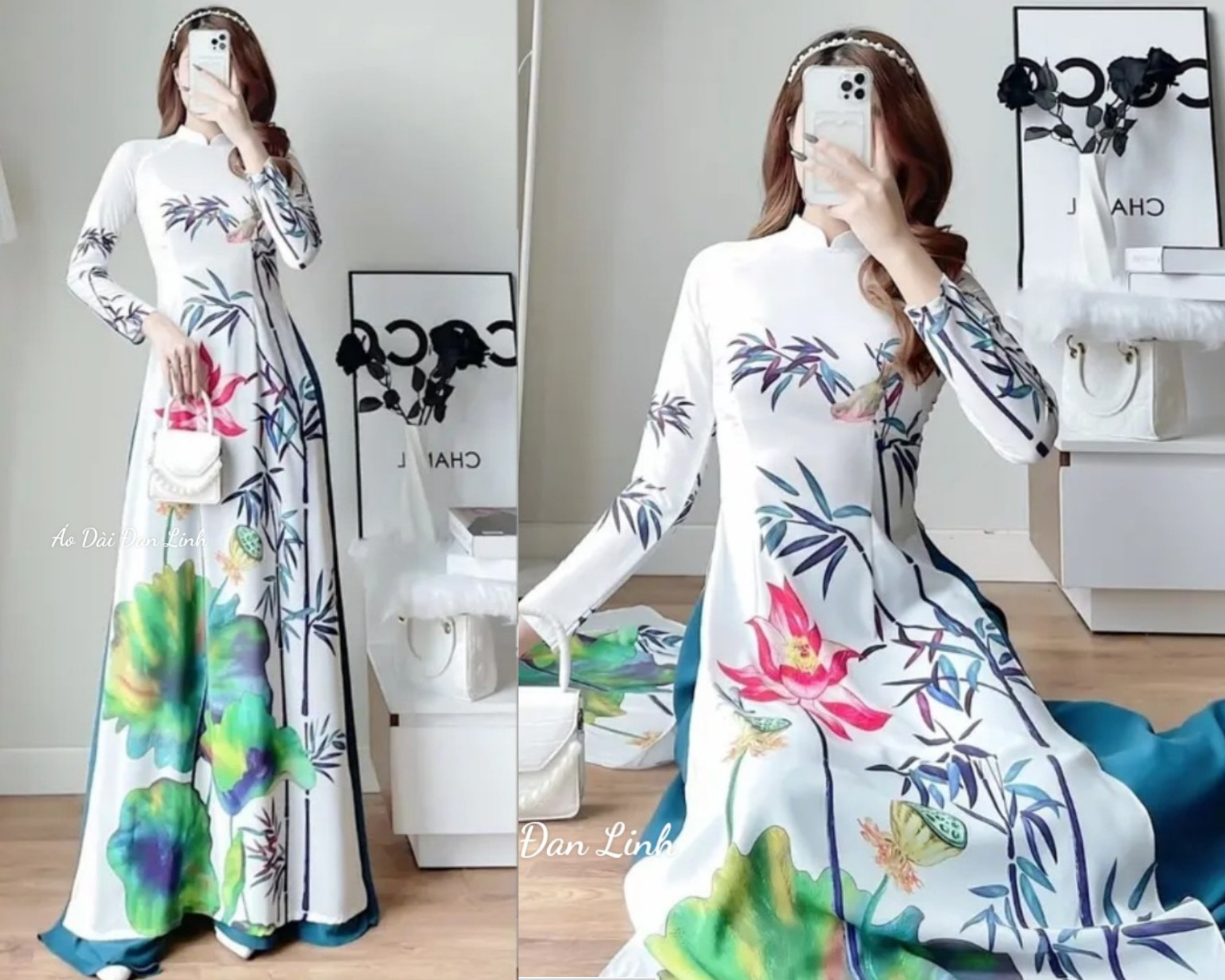 Áo dài trắng in 3D hoạ tiết hoa sen - Áo Dài Đan Linh