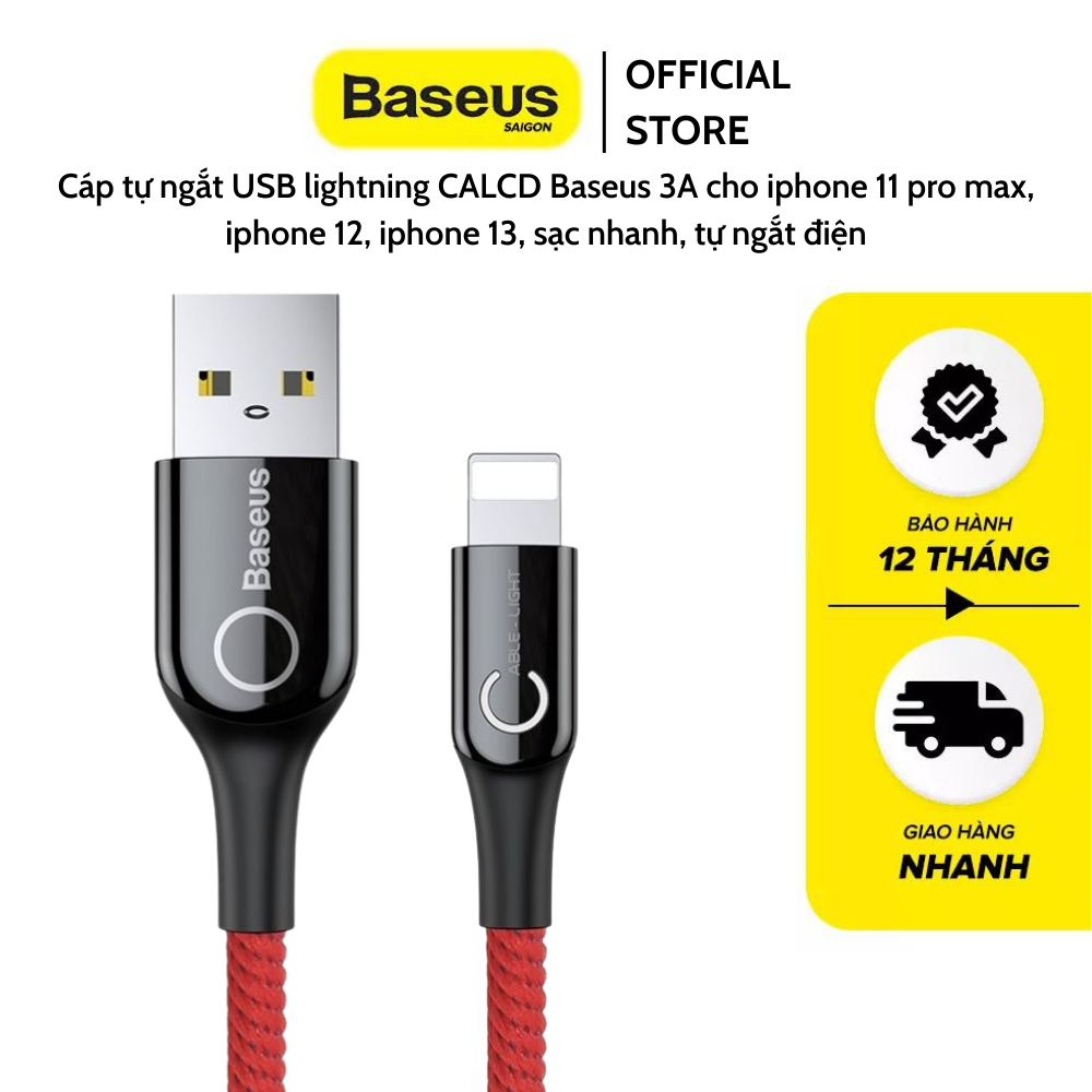 Cáp tự ngắt USB lightning CALCD Baseus 3A cho iphone 11 pro max, iphone 12, iphone 13, sạc nhanh, tự ngắt điện