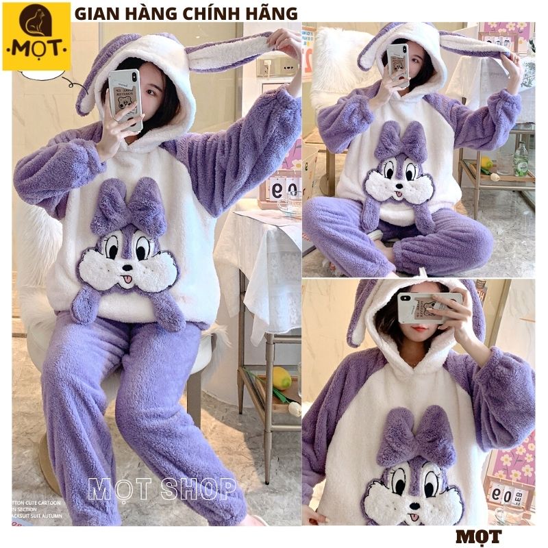 Bộ đồ lông gấu mặc nhà THỎ TÍM 2 NƠ TAI to - kiểu dáng hàn quốc dầy dặn ấm áp mùa đông, bộ mặc nhà lông cừu siêu kute dễ thương , bộ mặc nhà lông ấm áp mùa đông siêu đẹp, bộ lông cừu - MỌT