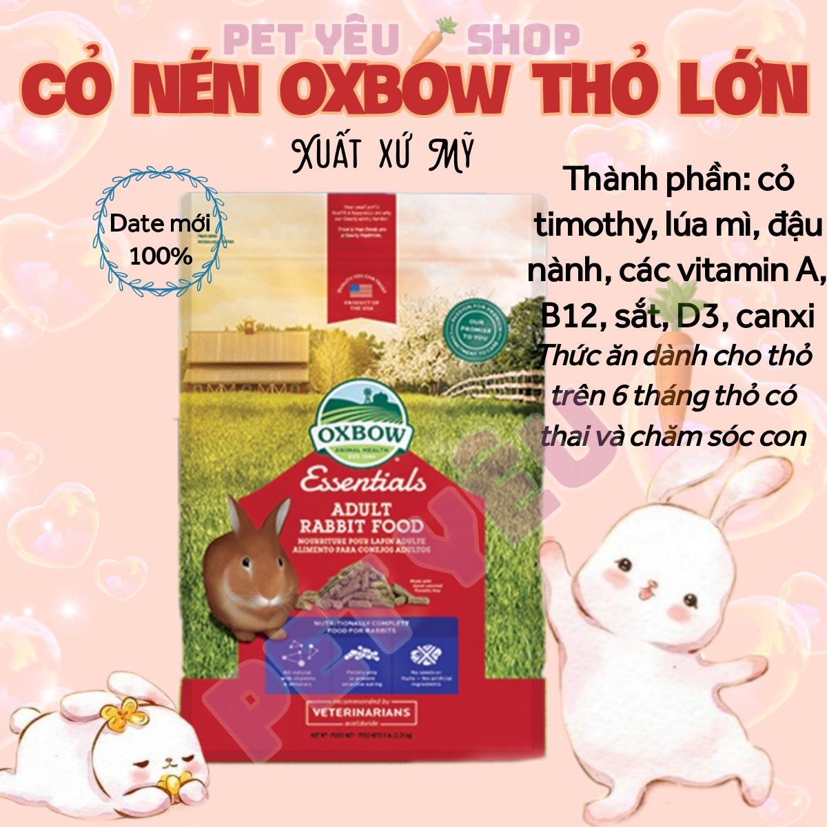 Cỏ nén OXBOW (Mỹ) thức ăn dành cho thỏ trên 6 tháng thỏ trưởng thành và chăm sóc con