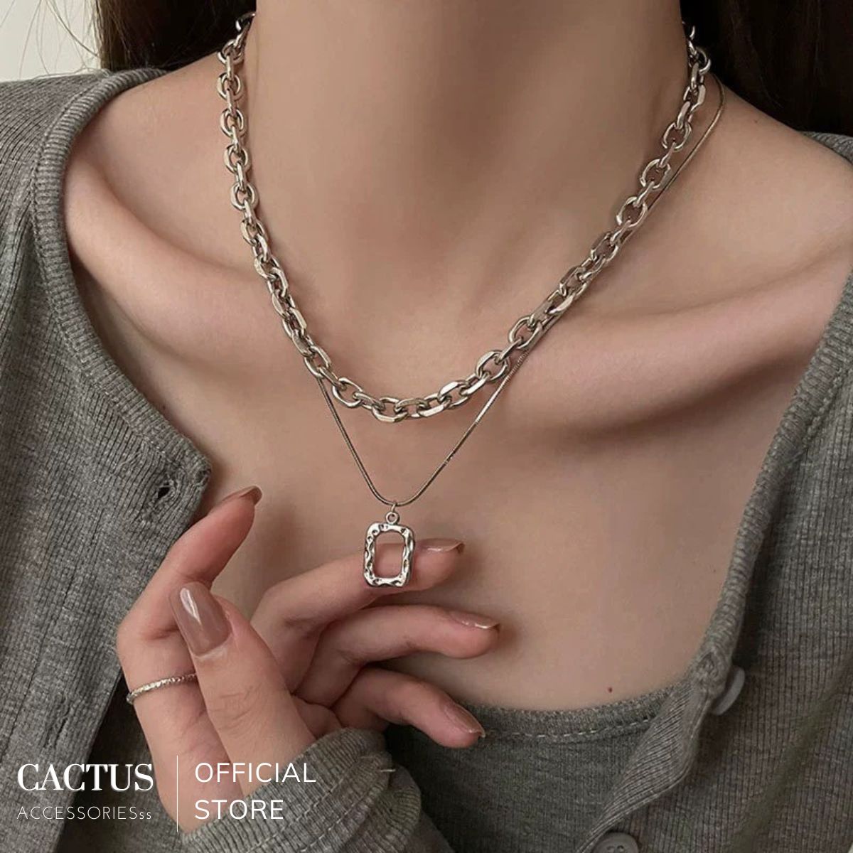 Dây chuyền dạng xích layer 2 lớp mặt vuông thép không gỉ