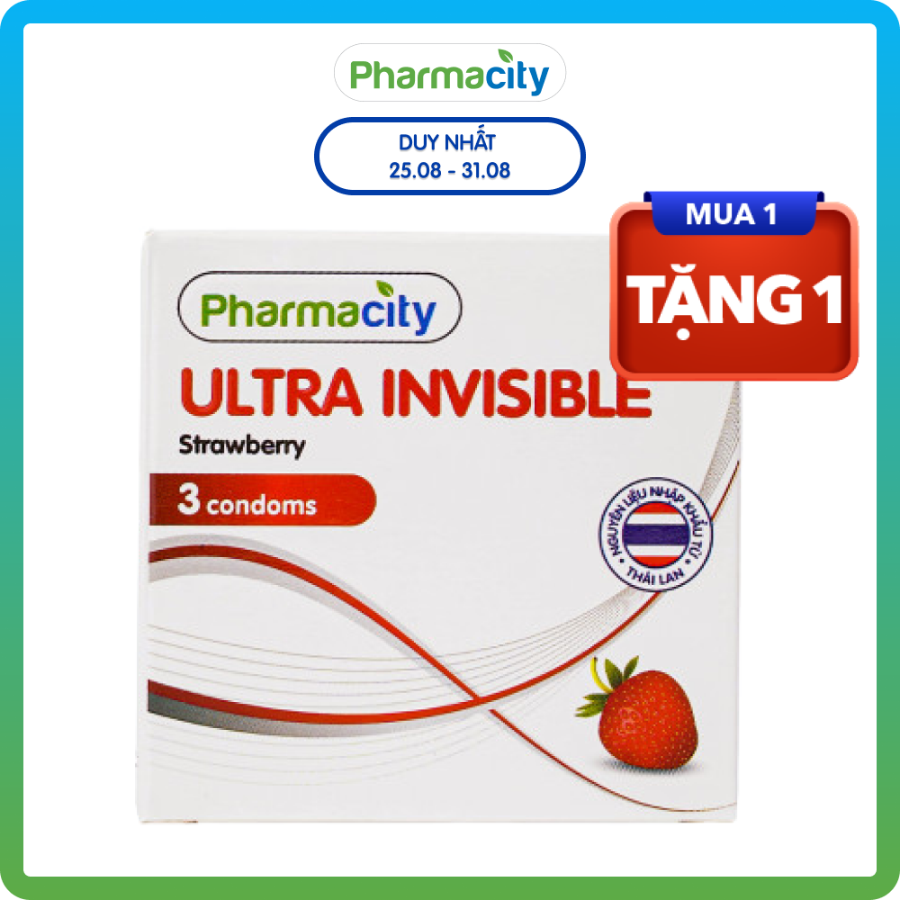 Bao cao su siêu mỏng hương dâu Pharmacity Ultra Invisible Strawbery 3 cái