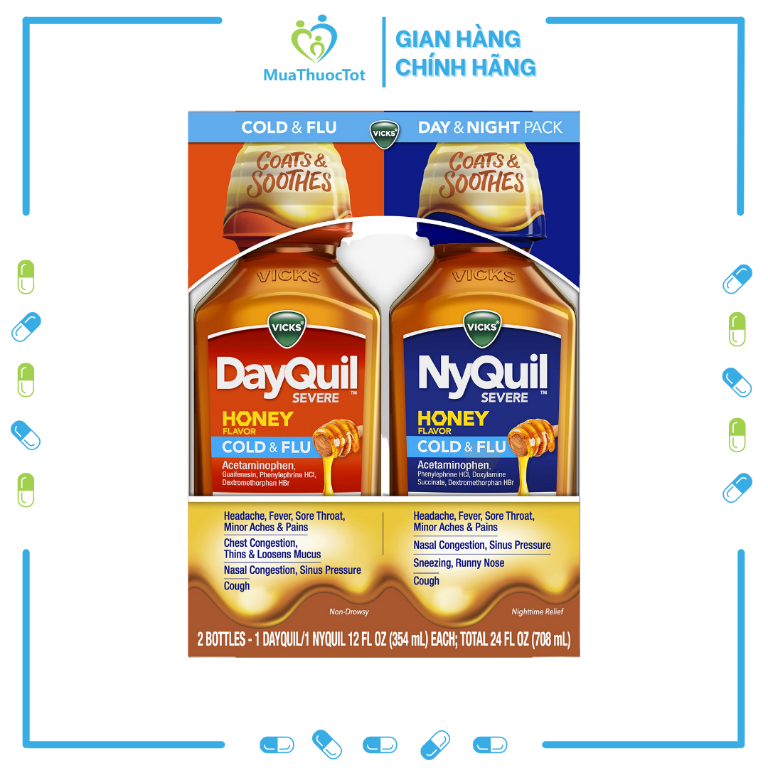 Siro giảm đau hạ sốt hương mật ong vicks dayquil & nyquil severe honey cold & flu 2 chai x 354ml