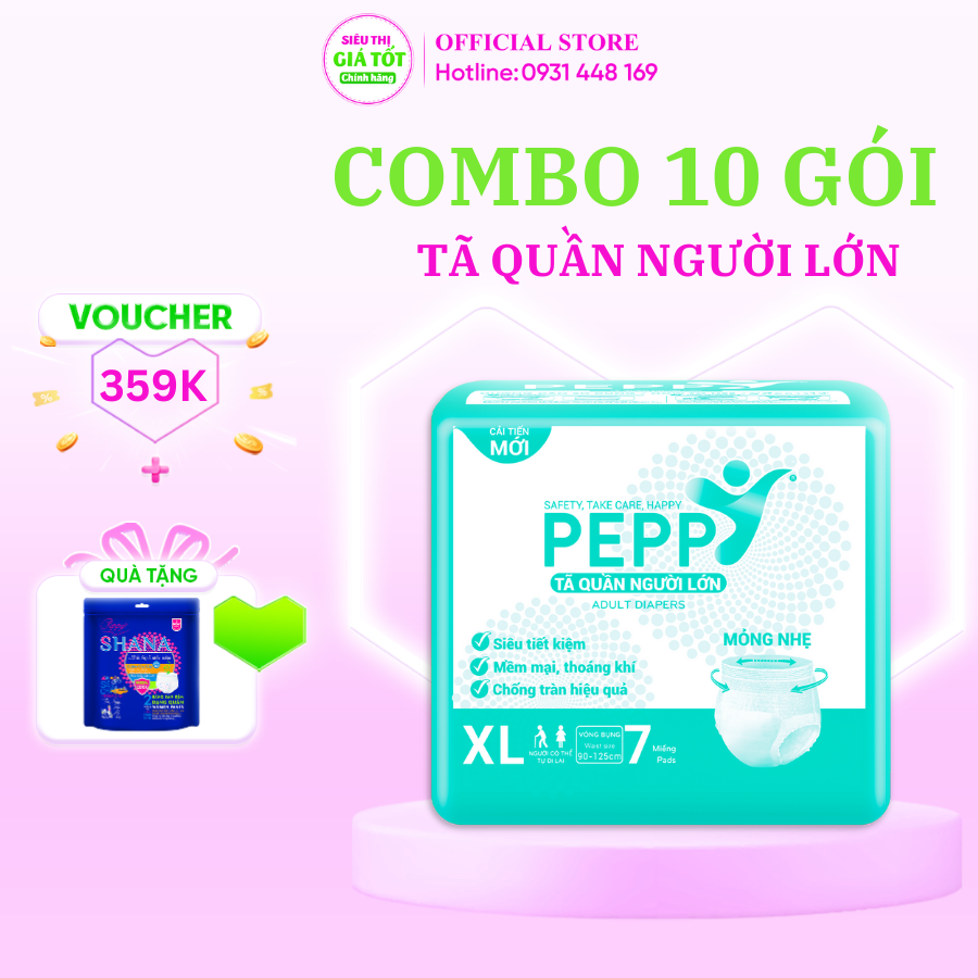 Bộ 10 gói Tã Bỉm Quần người lớn Peppy siêu mỏng, siêu khô thoáng M8,L7,XL7 miếng