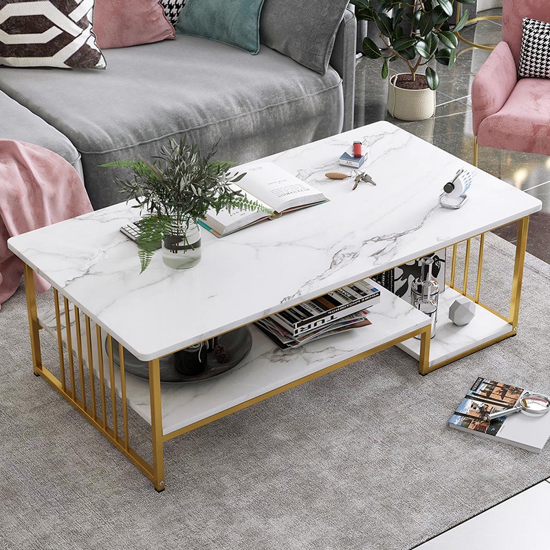 Bàn trà sofa MANZI hình chữ nhật khung sắt vuông 2 tầng, mặt bàn họa tiết chân sơn tĩnh điện
