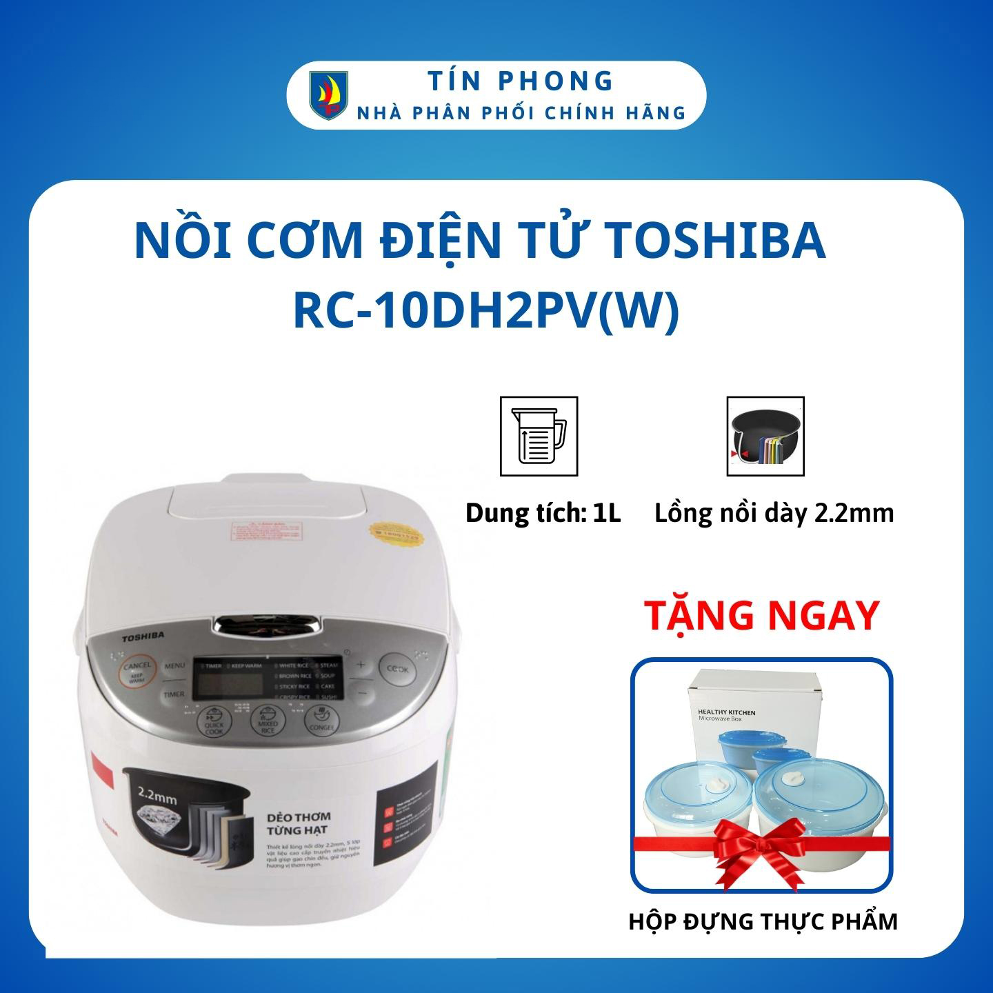 [Giao Hỏa Tốc 2H] Nồi cơm, nồi cơm điện tử Toshiba RC-10DH2PV(W) - 1.0 lít - Lòng nồi dày 5 lớp 2.2 mm hợp kim phủ Binchotan chống dính - Hàng chính hãng - Bảo hành 12 tháng