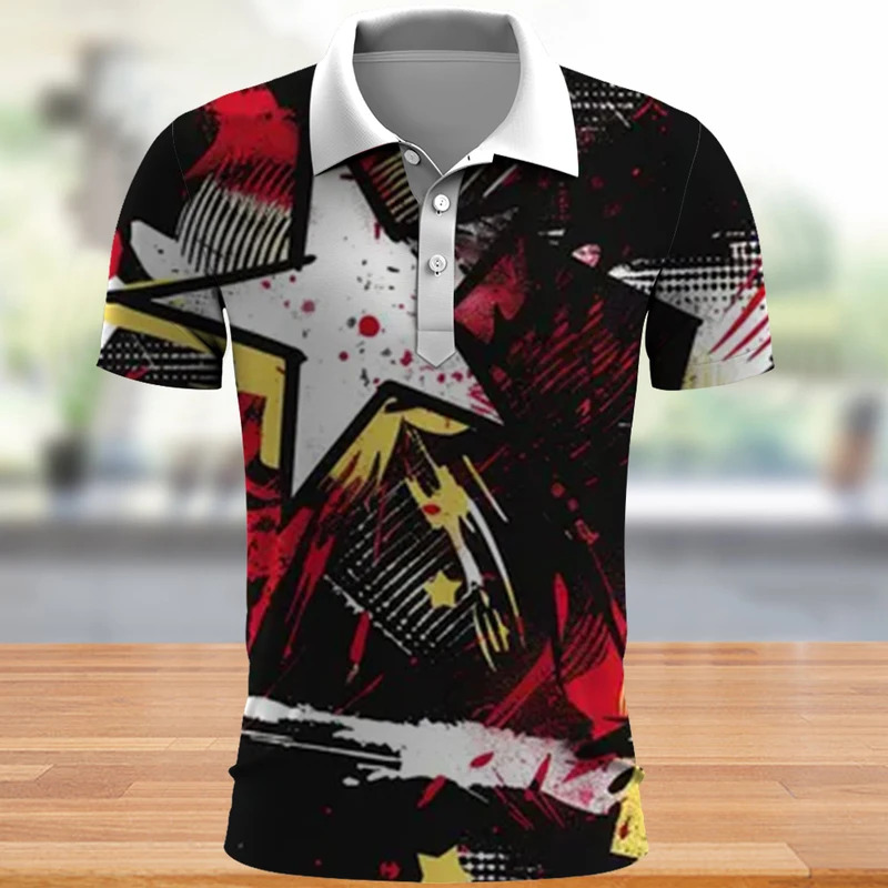 COD COD Áo polo nam in tàu mặt svỡ cổ kính, thời trang đường phố hàng ngày, Áo Polo Cổ Tích Tay Bạc Bạc - 8