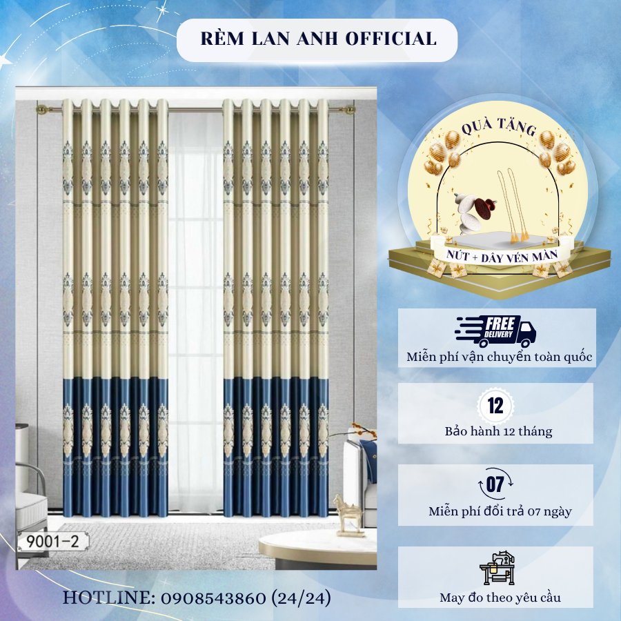 Rèm vải gấm, rèm cửa chống nắng màu xanh dương dày, mướt mịn cao cấp loại 1 hoa văn cổ điển, sang trọng dùng cho cửa chính, cửa sổ - Rèm Lan Anh