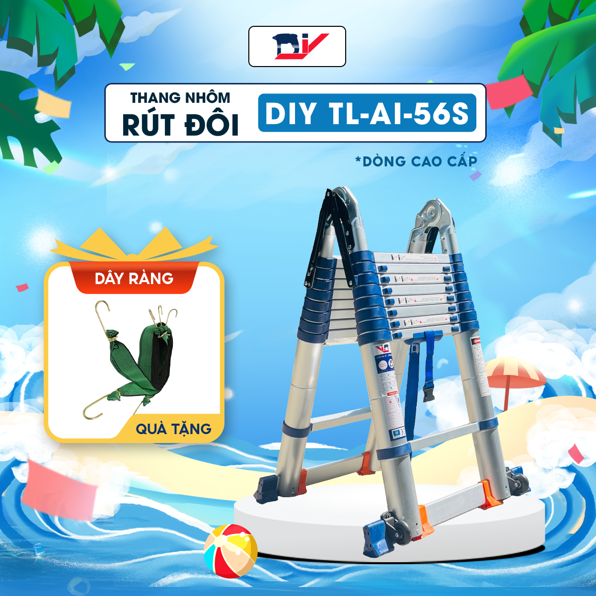 Thang nhôm rút đôi cao cấp diy tl-ai-56s chiều cao sử dụng tối đa chữ a 2.8m chữ i 5.6m, tải trọng 150kg