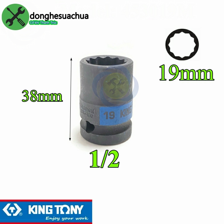 Tuýp 19mm 1/2 kingtony 453019m loại ngắn 12 cạnh màu đen