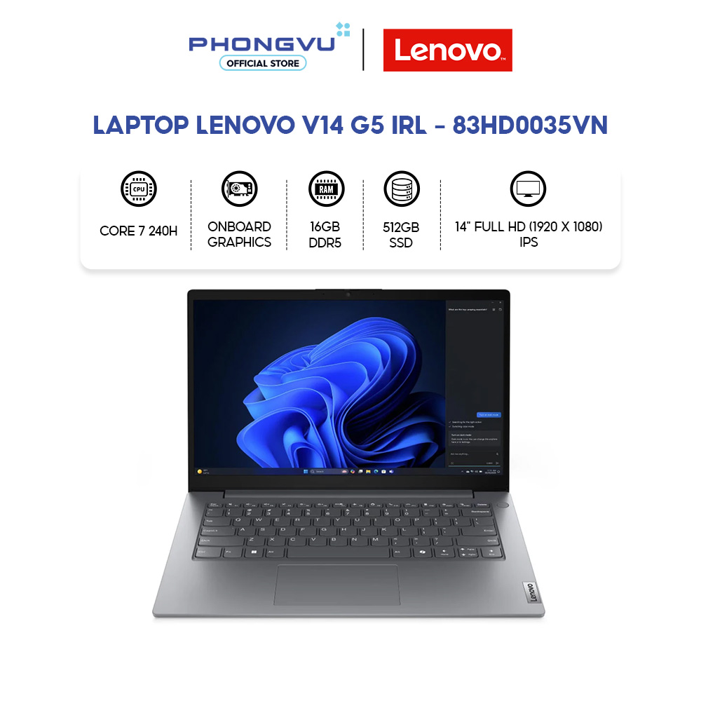 Laptop Lenovo V14 G5 Irl - 83Hd0035Vn (Core 7 240H/ 16Gb/ 512Gb/ Windows 11 Home Sl) - 24-Month Warranty Giá 26,490,000 Đồng*Miễn phí vận chuyển