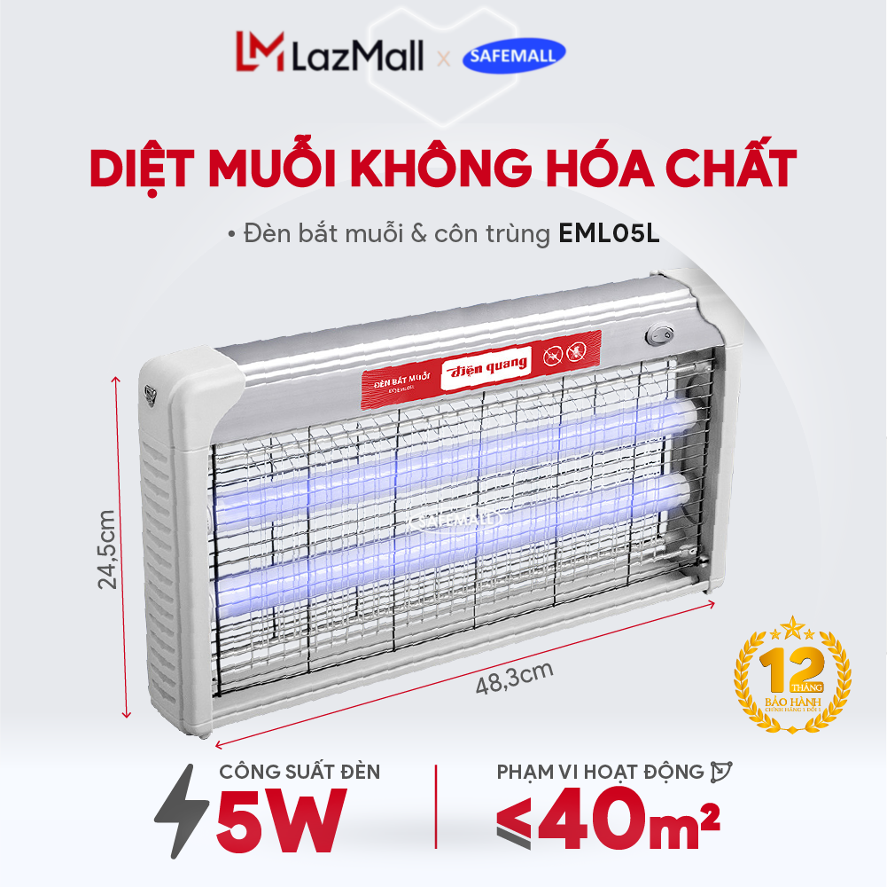 Đèn bắt muỗi điện quang đq eml05l diệt muỗi hiệu quả, an toàn không hại sức khỏe bảo hành 12 tháng - hàng chính hãng safemall