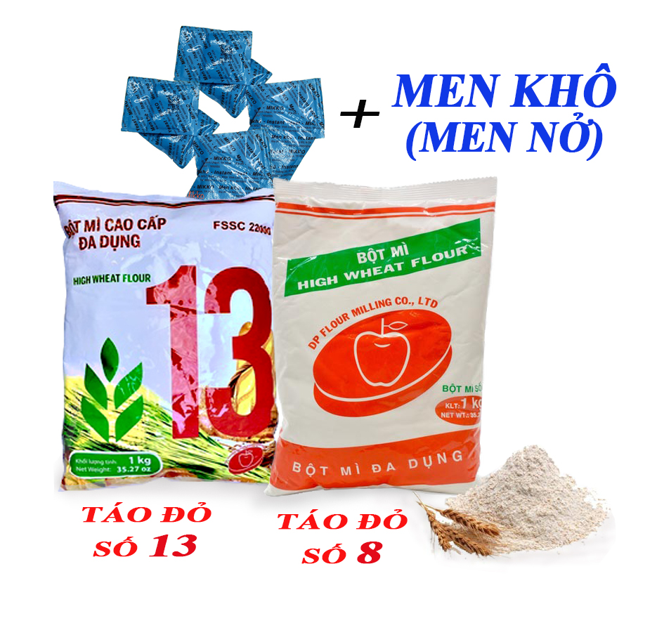 Bột Mì Táo Đỏ Số 8-Số 13 1kg.Có Men Khô(Men Nở).Bột Mì Da Dụng Bột Trộn Sẵn Mikko