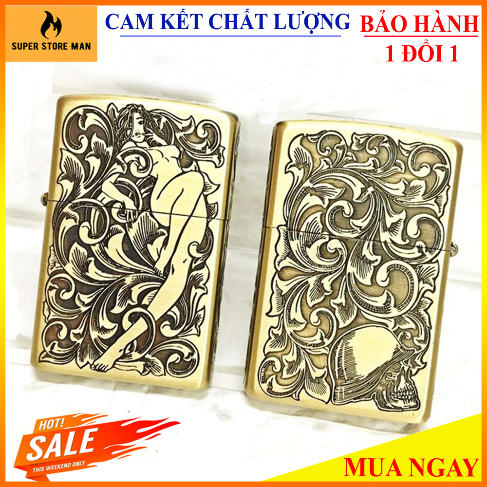 [HÀNG HIẾM Số Lượng Có Hạn] –  Bật Lửa, Hộp Quẹt Zippo Mỹ Ruột Vàng, Vỏ Đồng Cao Cấp – Có TEM Đỏ – Zippo Mỹ Vỏ Đồng Khắc 5 Mặt Hoa Văn Cô Gái  – Hàng Xịn Full Box