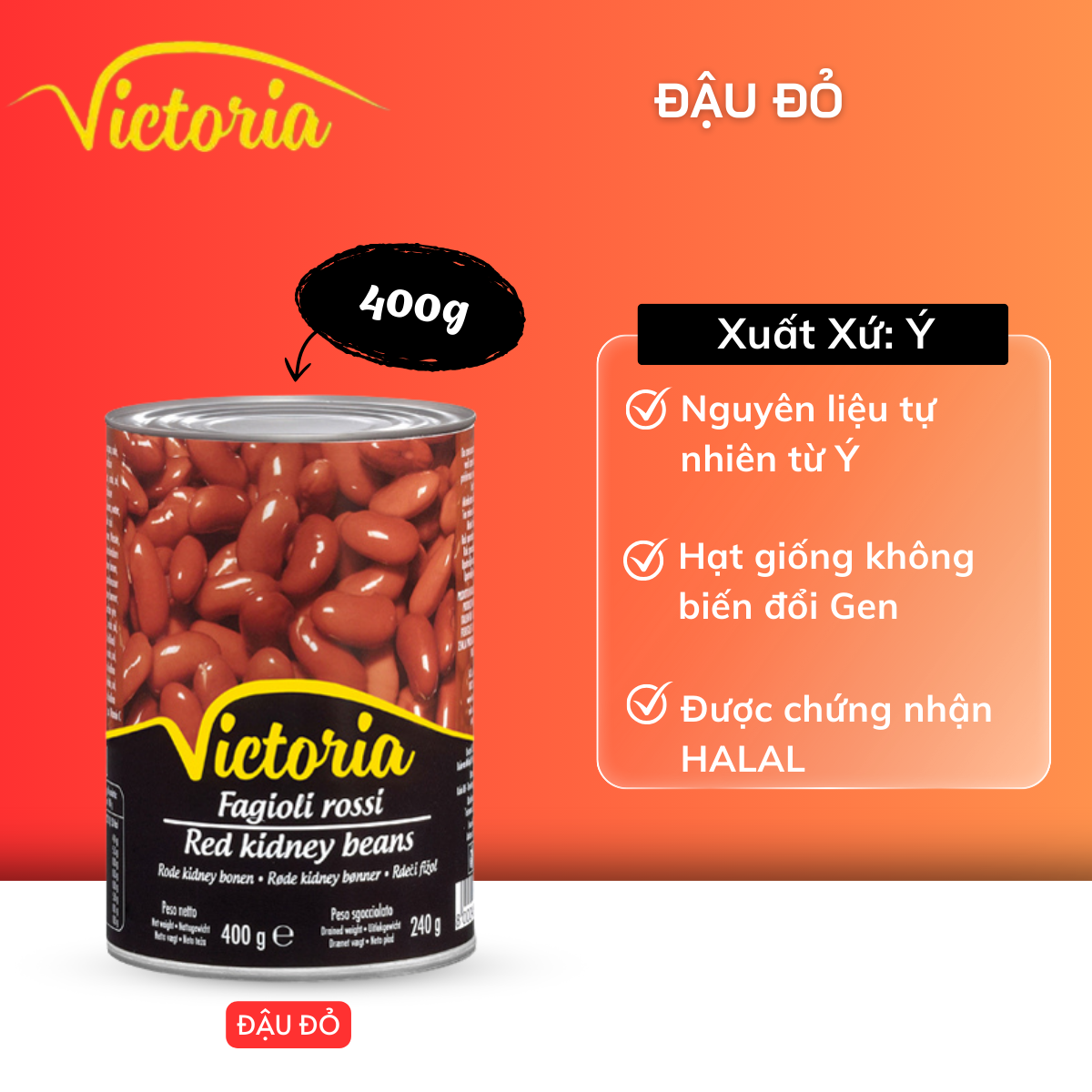 Đậu thận đỏ hầm Victoria 400g, Thuần chay - Vegan, Red kidney beans Victoria