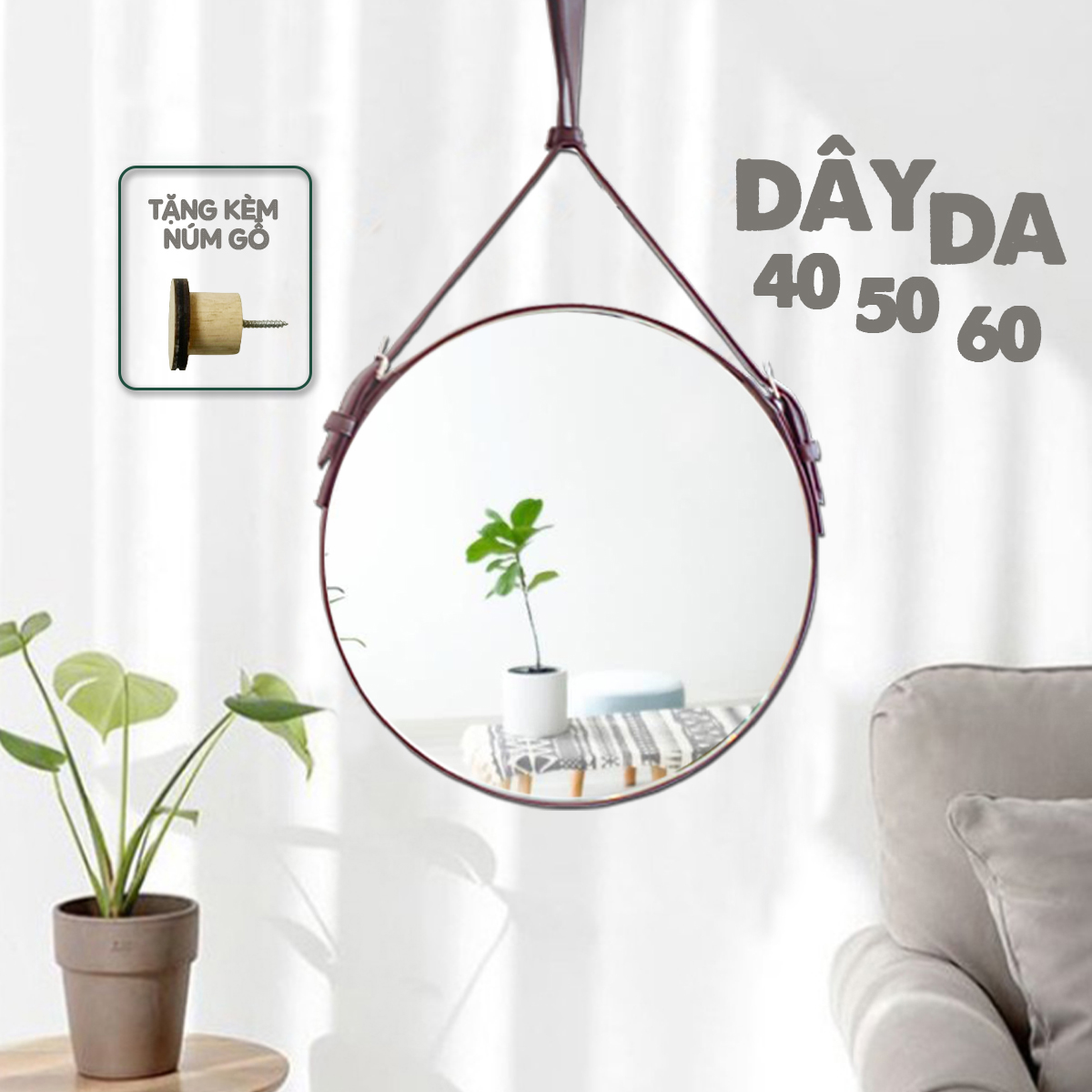 Gương Treo Tường Viền Dây Da Đen - Gương Tròn Treo Tường Viền Dây Da Màu Đen Cao Cấp