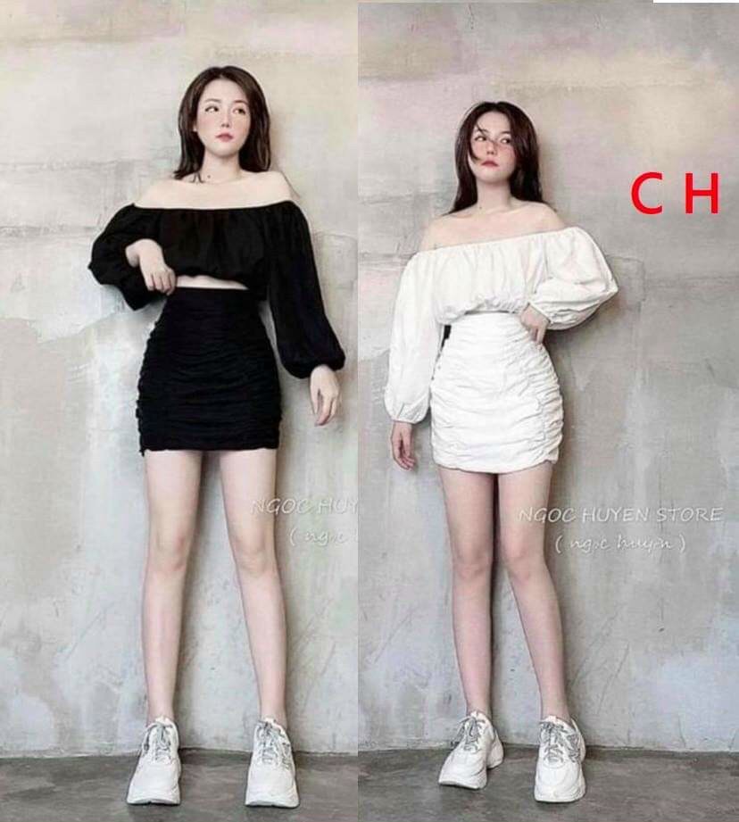 Sét áo trễ vai chun eo và chân váy nhún siêu xinh phối đồ đa dạng