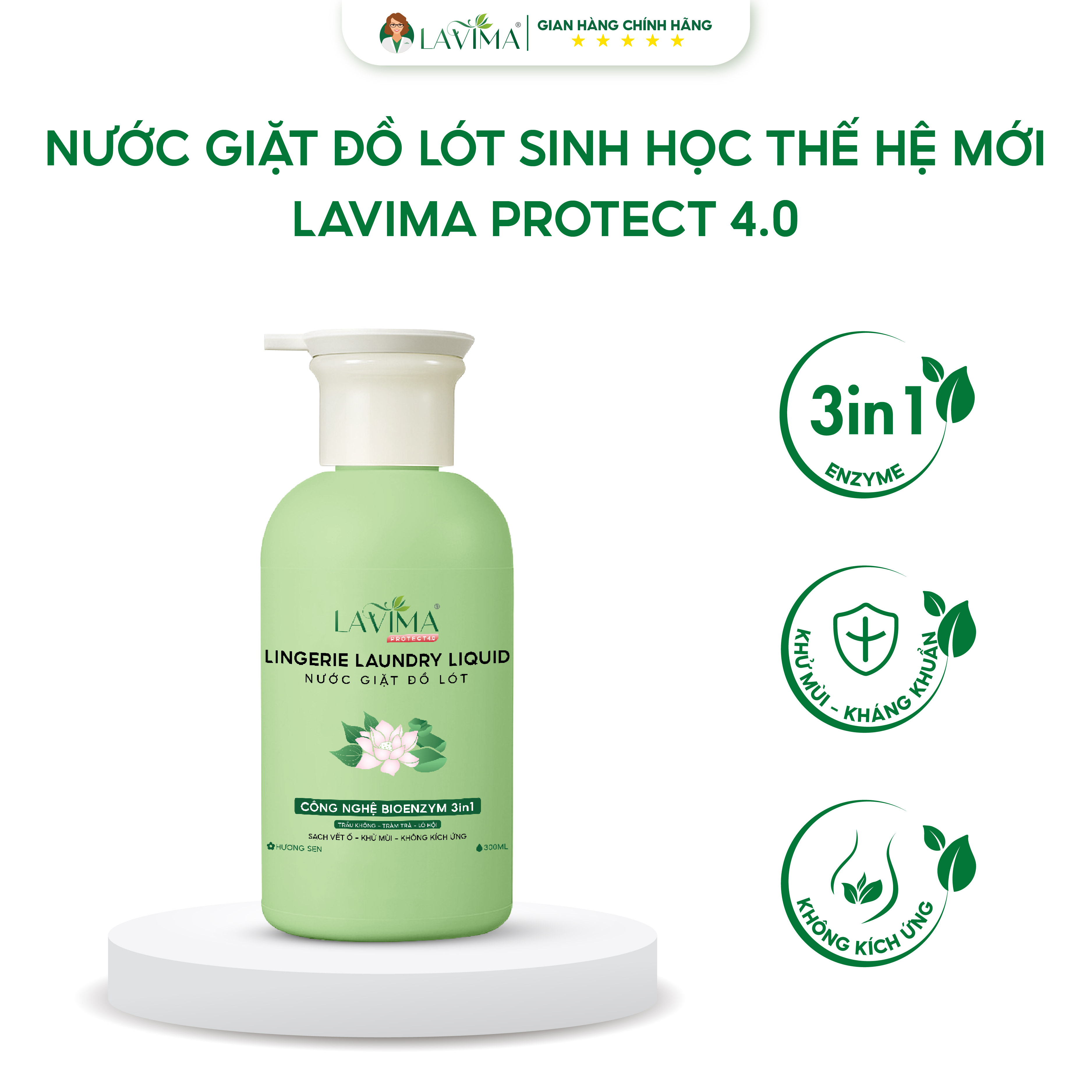 Nước Giặt Đồ Lót Sinh Học Thế Hệ Mới Lavima Protect 4.0 Chai 300mL X3 Enzym Làm Sạch Vết Ố, Kháng Khuẩn, Kháng Nấm, Ngăn Ngừa Các Bệnh Phụ Khoa