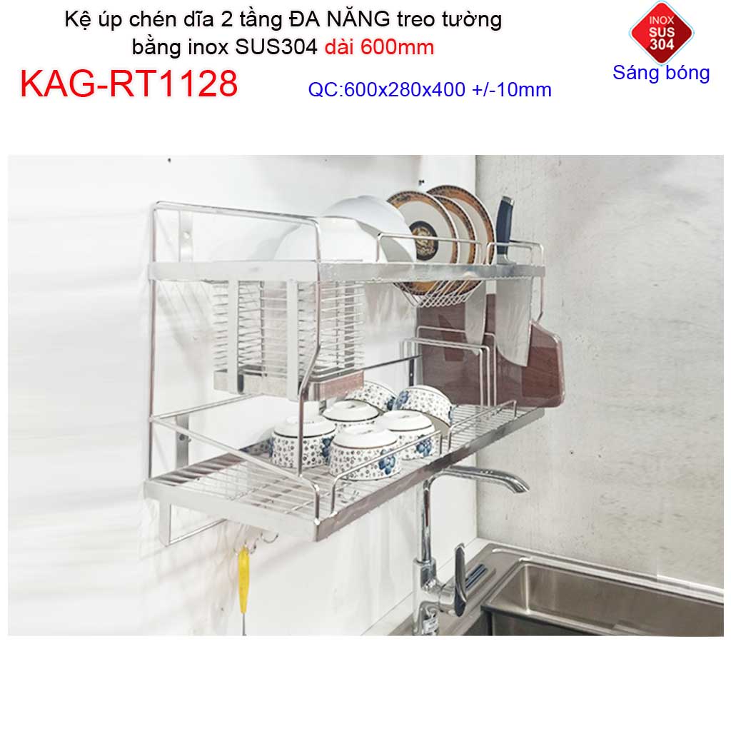 Kệ đựng chén bát dài 60cm inox 304 kệ úp chén dĩa inox roca kệ 2 tầng có ống đũa đi kèm kag-rt1128