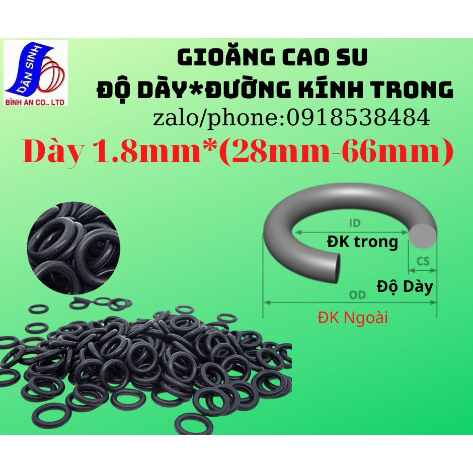 Dày 1.8mm,đường kính trong 28mm đến 66mm ,gioăng cao su oring nbr