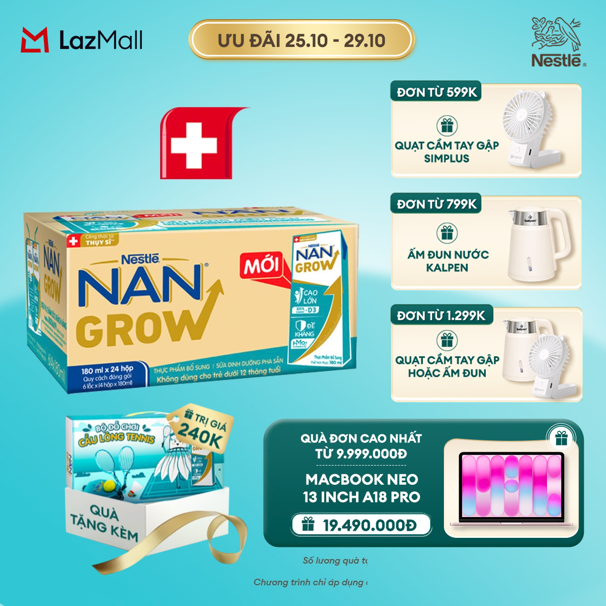[CHỈ 25-29.10 QT ĐƠN 599K/799K/1299K] [Tặng Đồ chơi cầu lông] Thùng 24 hộp Sữa bột pha sẵn Nestlé NANGROW 180ml cho bé trên 1 tuổi - Sữa nước vị nhạt thanh
