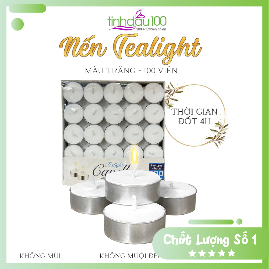 Nến tealight trắng 100 viên, xông đốt xông tinh dầu, cháy 4 tiếng, không mùi, không khói, không muội đen Tinh Dầu 100 Store
