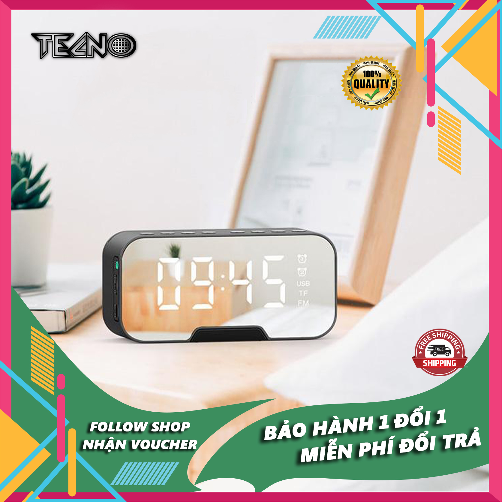 Loa Bluetooth Kèm Đồng Hồ Báo Thức Amoi G5, Loa Bluetooth Không Dây 3 Trong 1 Đo Nhiệt Độ Phòng Mặt Kính Tráng Gương, Loa Nghe Đài Fm, Loa Bluetooth Pin Trâu