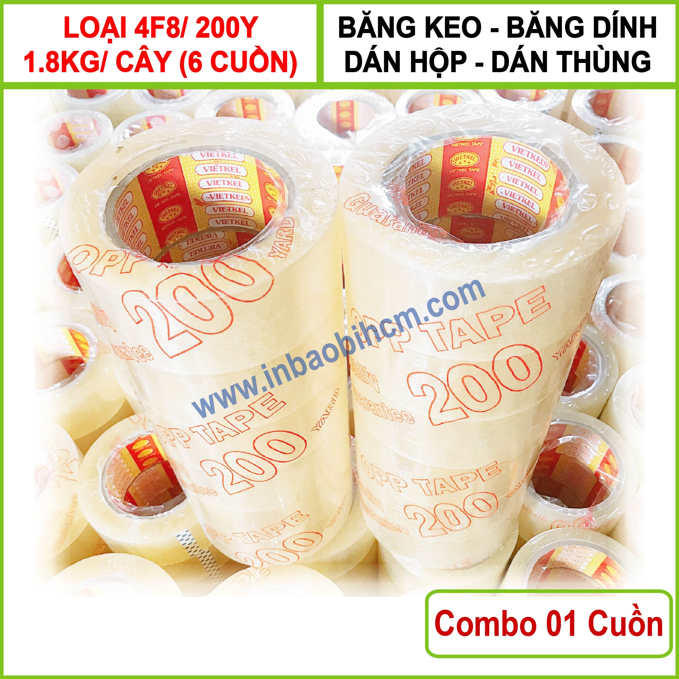 [HCM] Băng keo trong, băng keo đục dán hộp - Dài 200Y - 1.8 kg/ Cây (6 cuộn) - Bản 4F8 - (InbaobiHCM - Thùng giấy - Hộp giấy carton đóng hàng Ship COD)