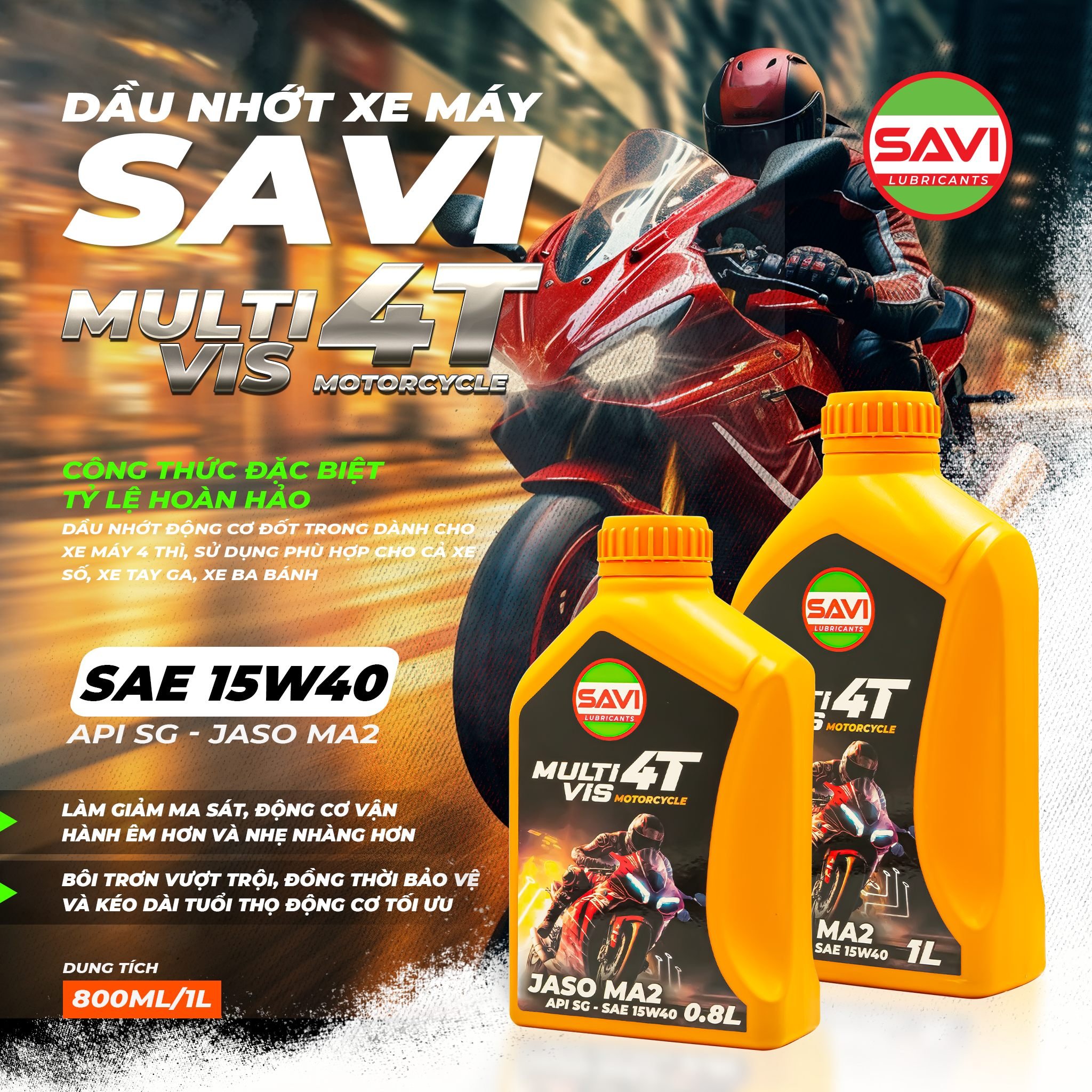 Nhớt Xe Máy Giá Rẻ SAVI 15W40 800ml-1 lít SX Từ Dầu Gốc và Phụ Gia Có Kiểm Định Chất Lượng Dành Cho Xe Số/Tay Ga/Ba Bánh