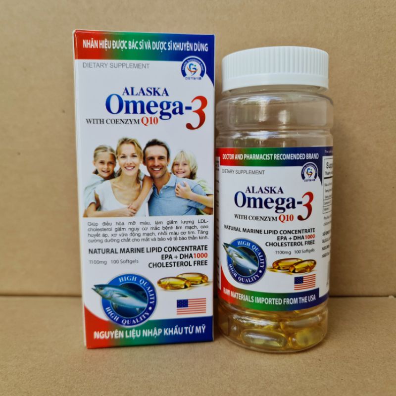 Dầu cá Alaska omega 3 with coenzym Q10 hộp màu trắng gia đình Hộp 100 viên