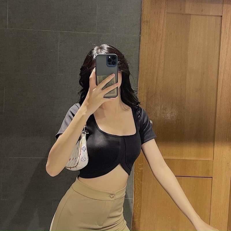 [Free ship cho đơn 49k] Áo croptop kiểu cổ U khoét thân ôm body độc lạ, chất vải thun gân free size dưới 55kg