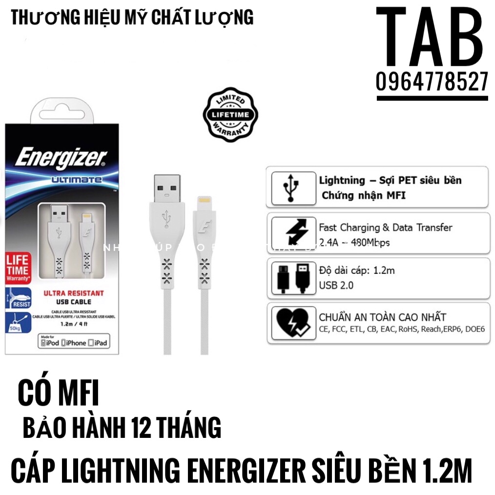 Cáp Lightning Energizer Siêu Bền  Có MFI - ULTIMATE C41UBLIG (Bảo Hành  12T) 