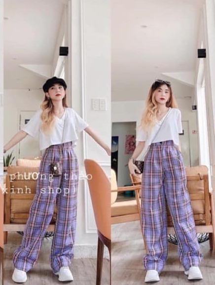 ( ẢNH THẬT) SÉT QUẦN ỐNG RỘNG KẺ CARO KÈM ÁO CRTOP CỔ TIM THỜI TRANG HÀN QUỐ, AMELIA