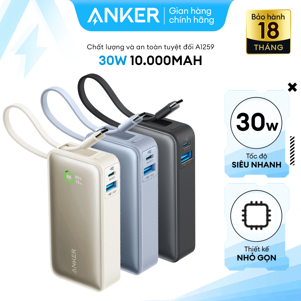 Pin Sạc Dự Phòng ANKER Nano Dung Lượng 10.000mAh Sạc Nhanh Công Suất 30W (Built-In USB-C Connector) - 02 Cổng 1USB-C & 1USB-A - A1259