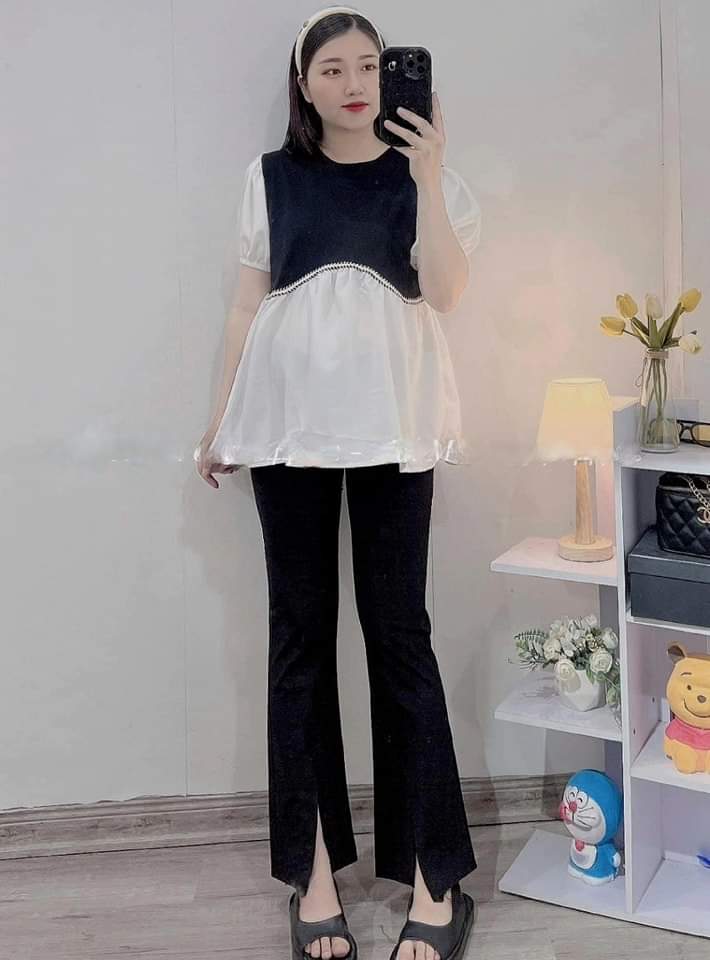 Áo Bầu tay phồng bèo ☘️dáng xuông siêu đẹp 🍀cổ tên hình thêu🍀ảnh thật Shop chụp 🌱freesize 43-68kg