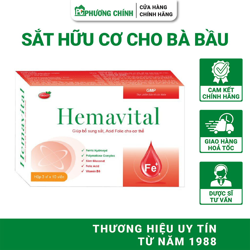Sắt Hữu Cơ Cho Bà Bầu Eurovit Hemavital Giúp Bổ Sung Sắt, Acid Folic, Hỗ Trợ Quá Trình Tạo Máu 30 Viên/Hộp