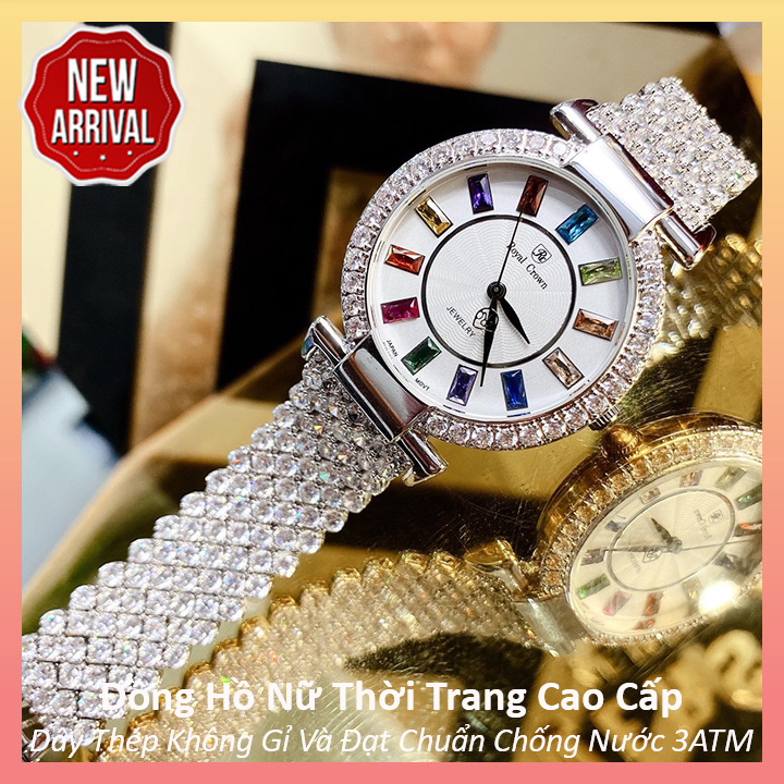 [HCM]Đồng Hồ Nữ Royal Đính Đá Ruby 12 Màu - Máy Nhật - Dây Thép Không Gỉ - Đạt Chuẩn Chống Nước 3ATM